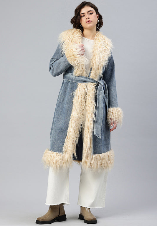 Faux Fur Trim Denim Trench Coat