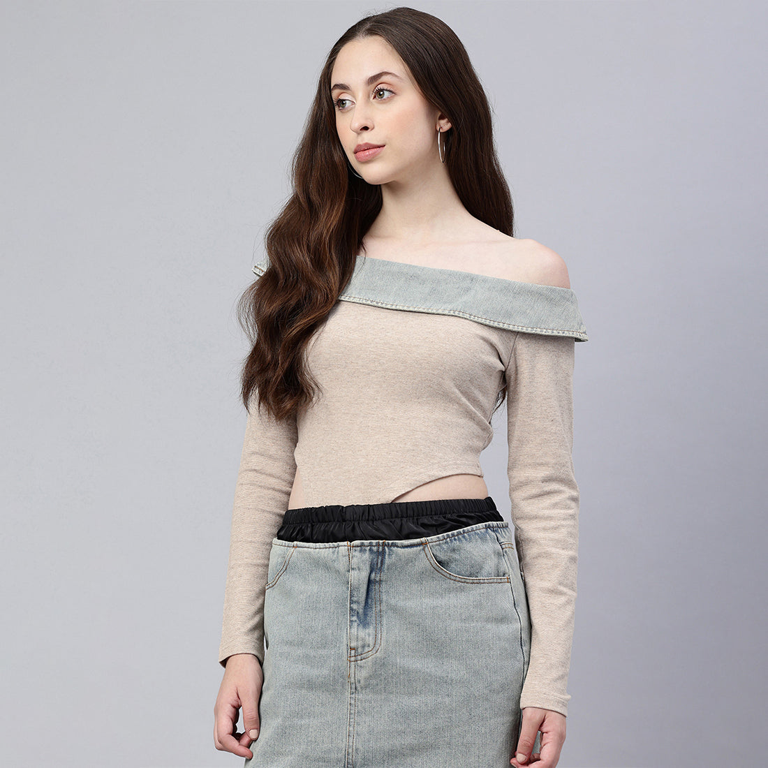 Off-Shoulder Denim Paneling Top