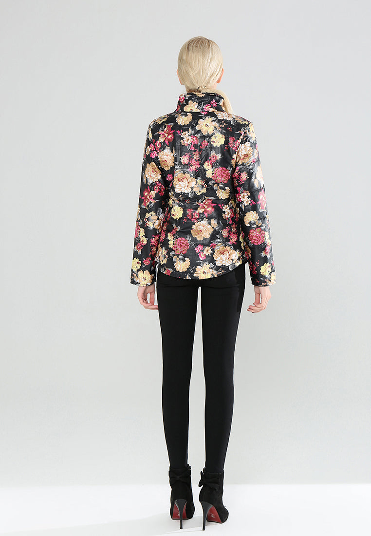 Black Floral Print High Neck Puffer Jacket