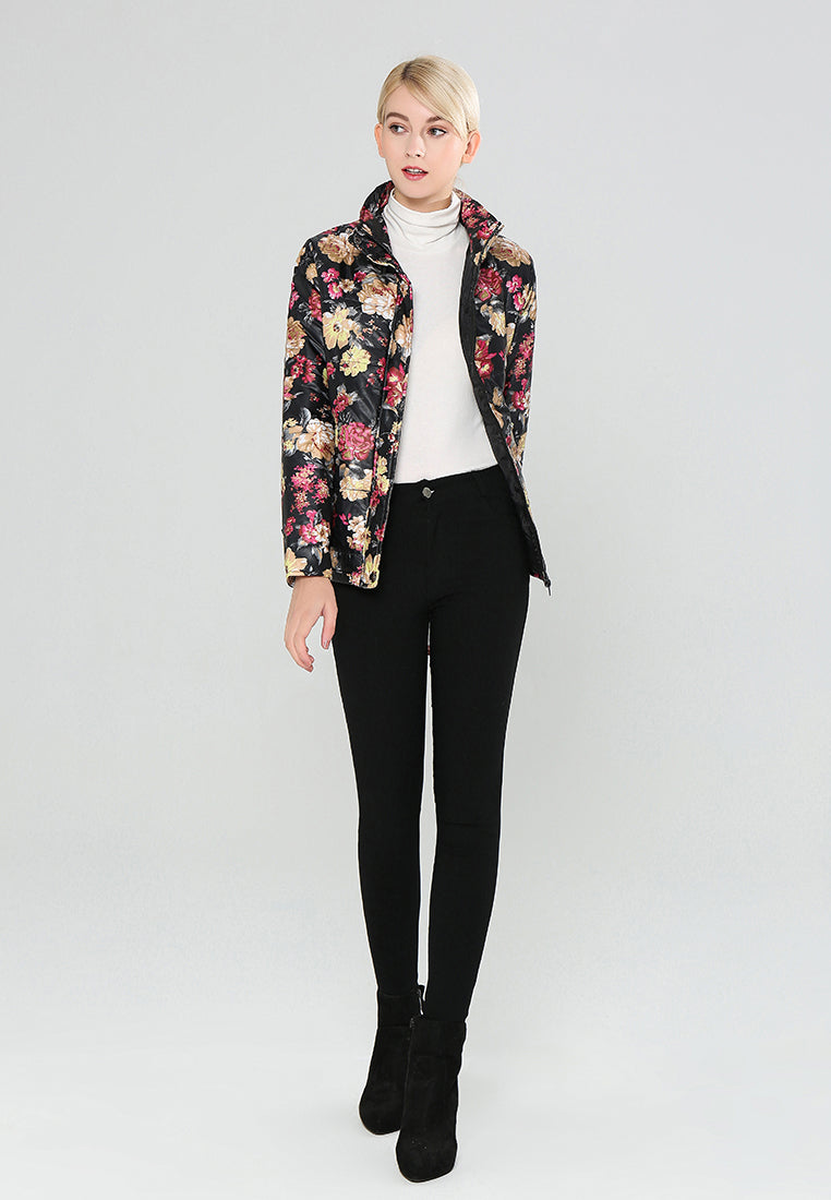 Black Floral Print High Neck Puffer Jacket