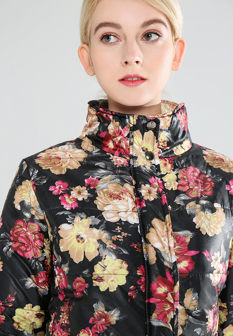 Black Floral Print High Neck Puffer Jacket