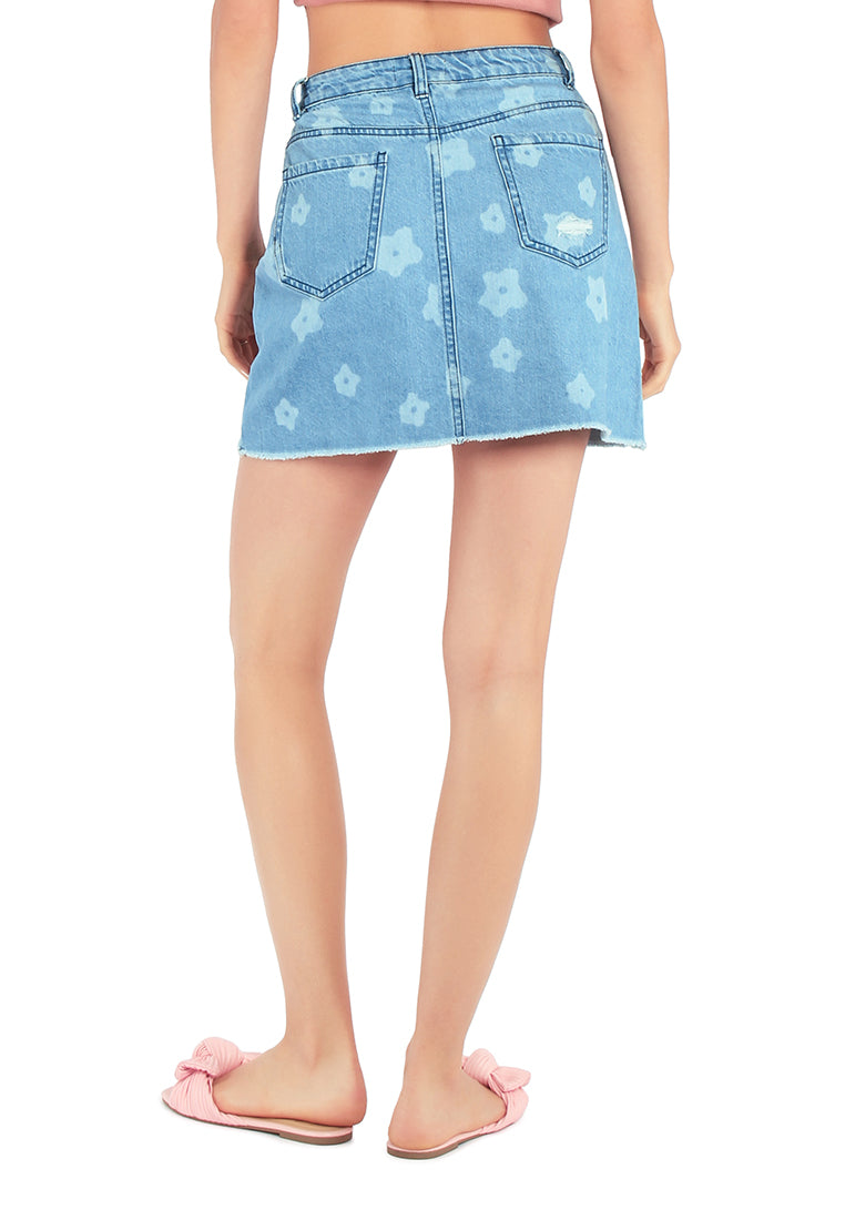 Blue Flower Print Ripped Jeans Mini Skirt