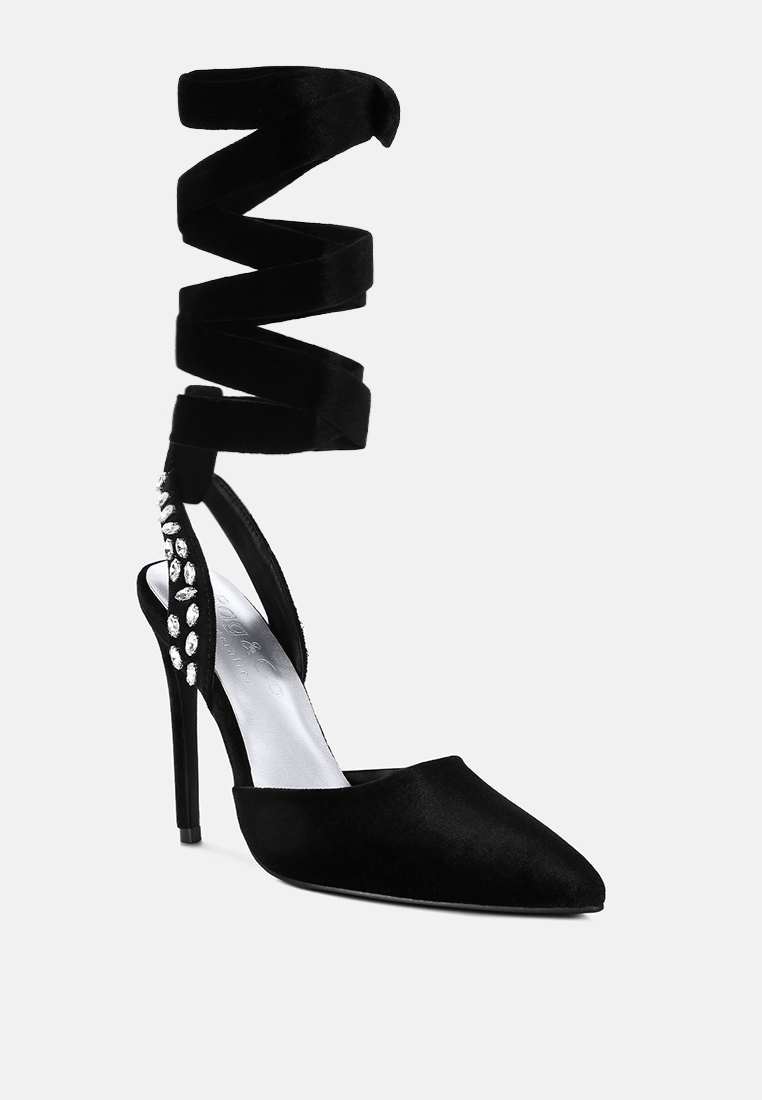 Black Velvet Diamante Tie Up High Heeled Sandals