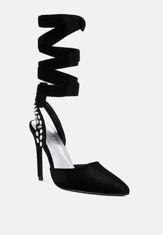 Black Velvet Diamante Tie Up High Heeled Sandals