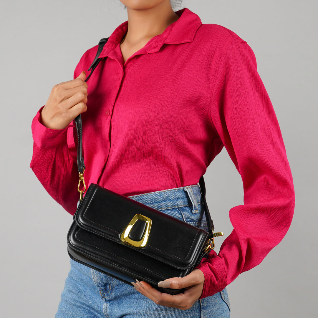 classic gold buckle sling bag#color_black