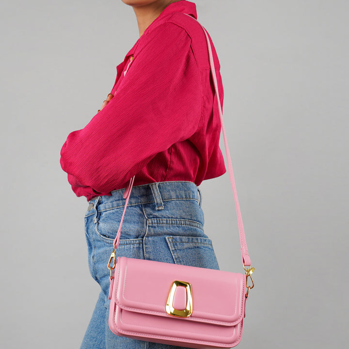 classic gold buckle sling bag#color_pink