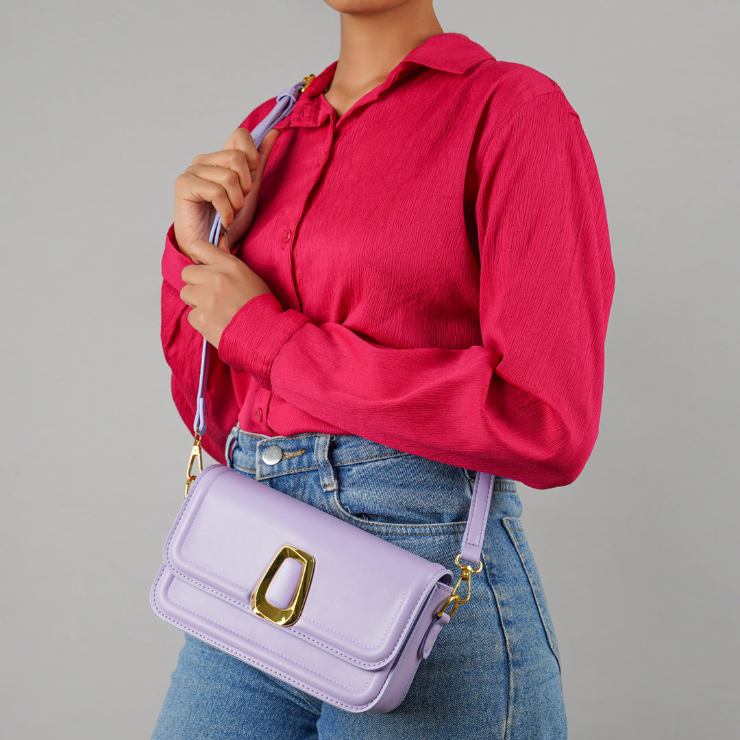 classic gold buckle sling bag#color_purple