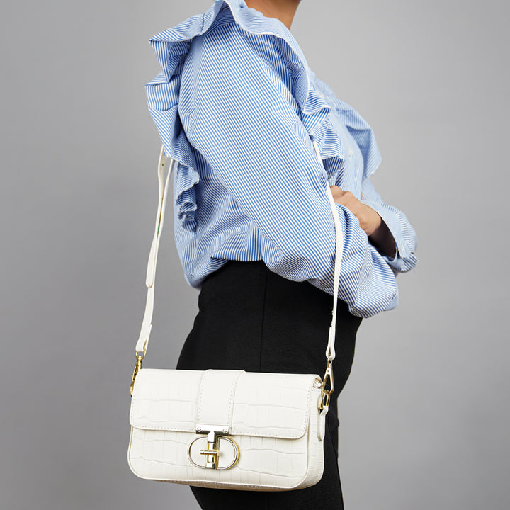 metallic buckle baguette handbag#color_white