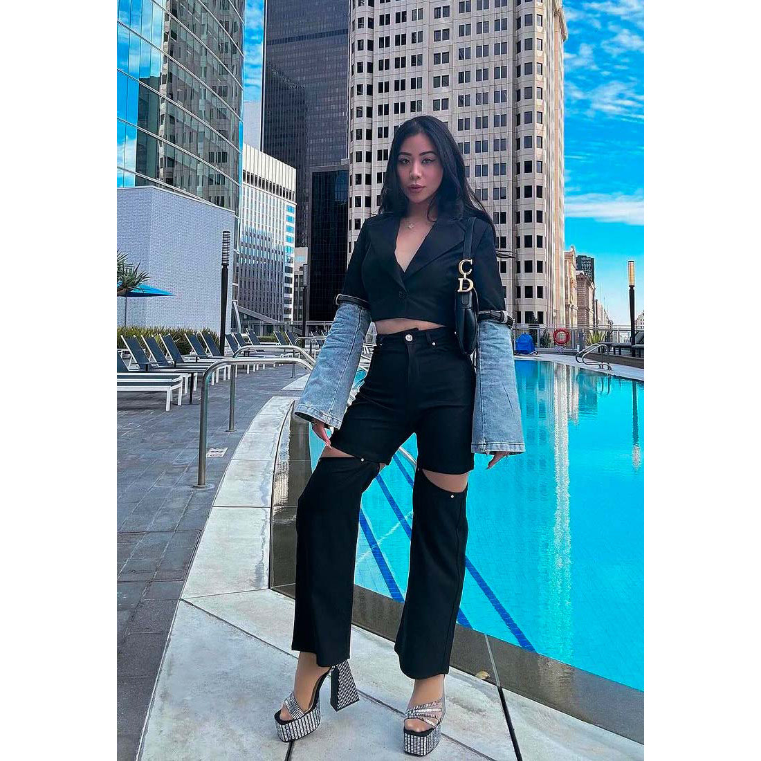 mirror embellished flare block heel sandals#color_black