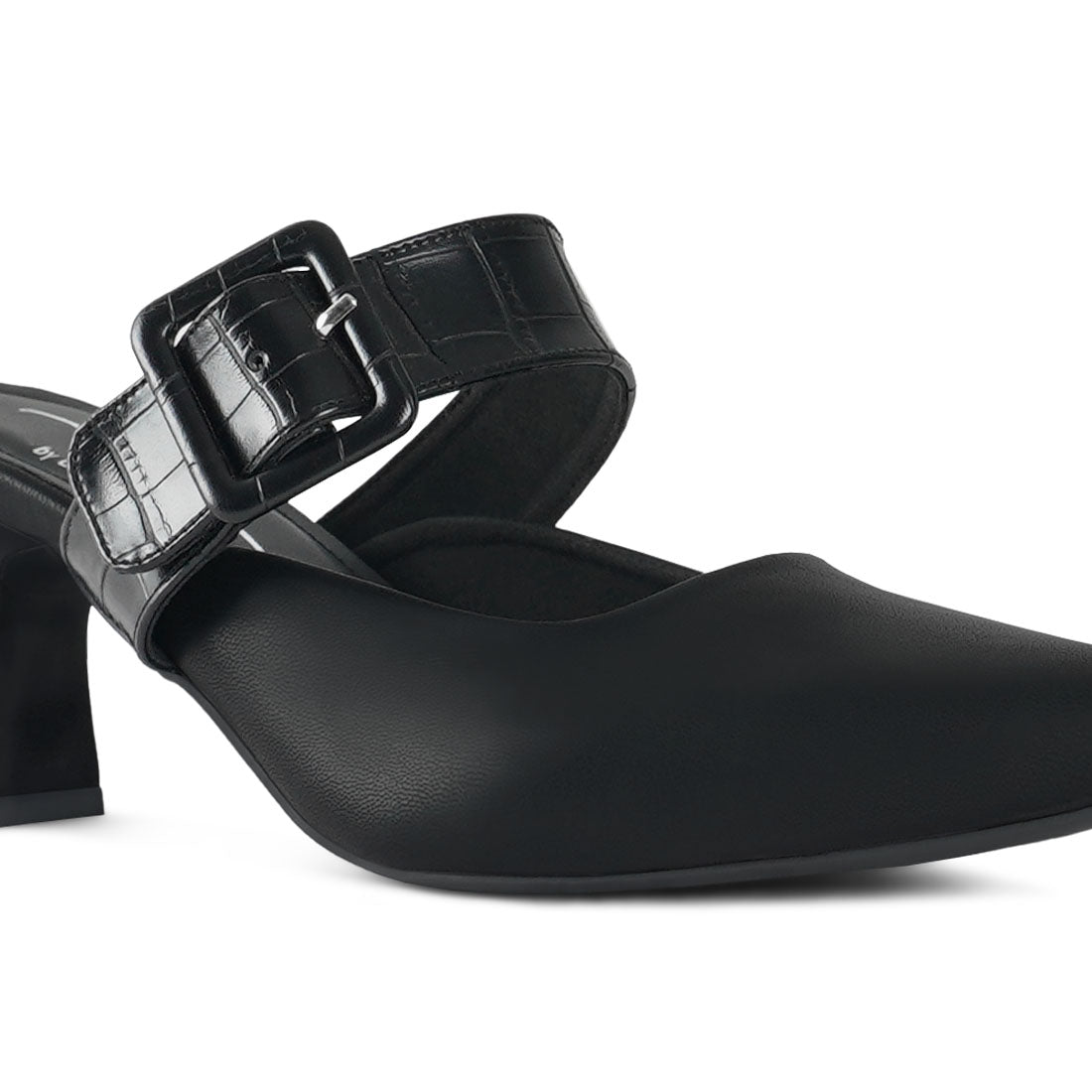 london rag women croco buckle strap detail mules#color_black