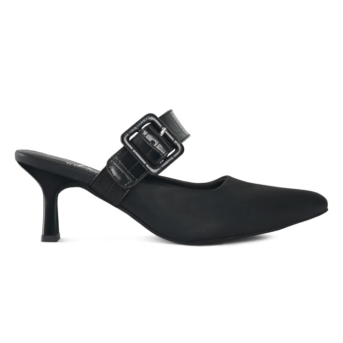 london rag women croco buckle strap detail mules#color_black