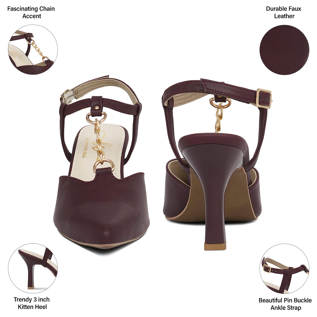 women metallic chain t strap sandals#color_burgundy