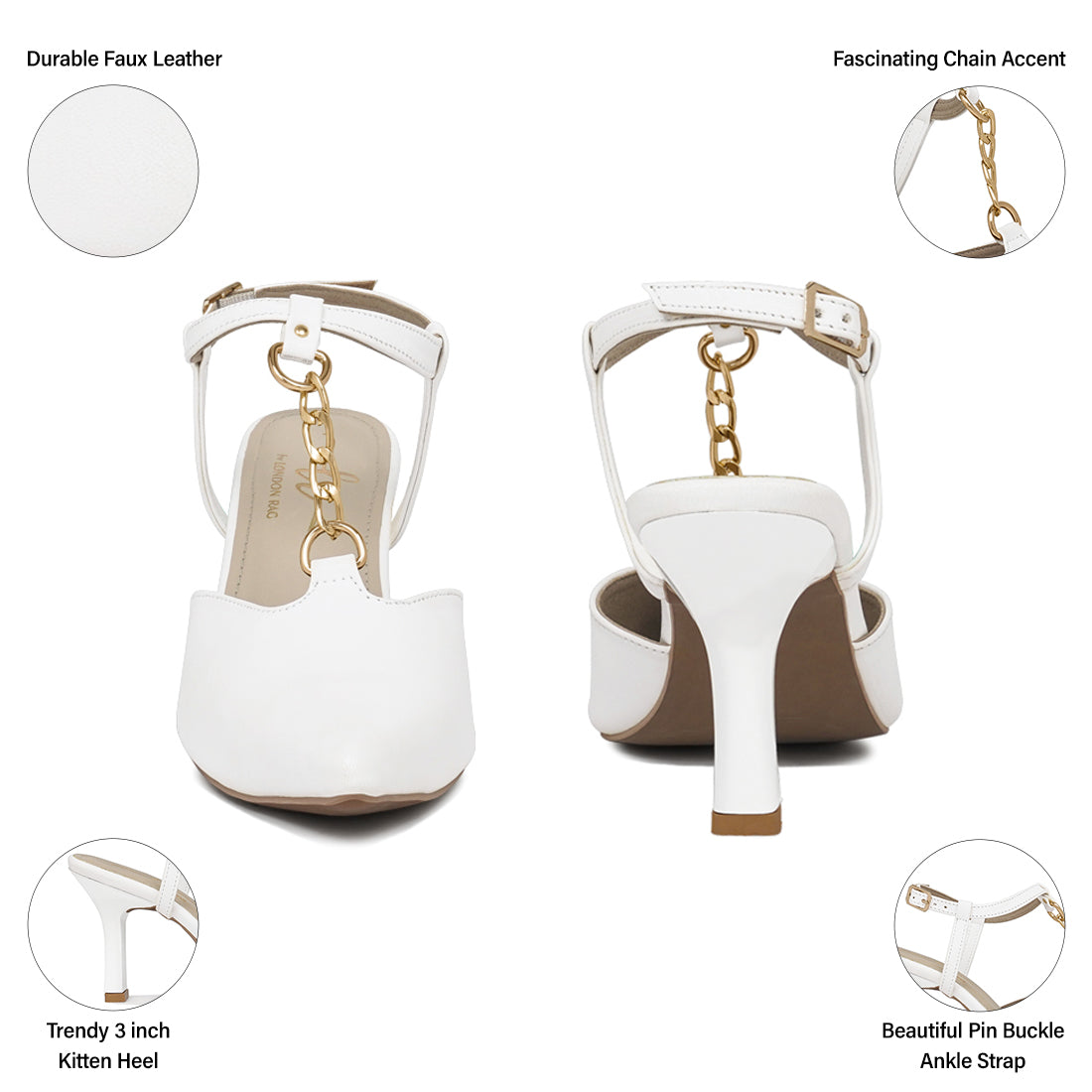 women metallic chain t strap sandals#color_white