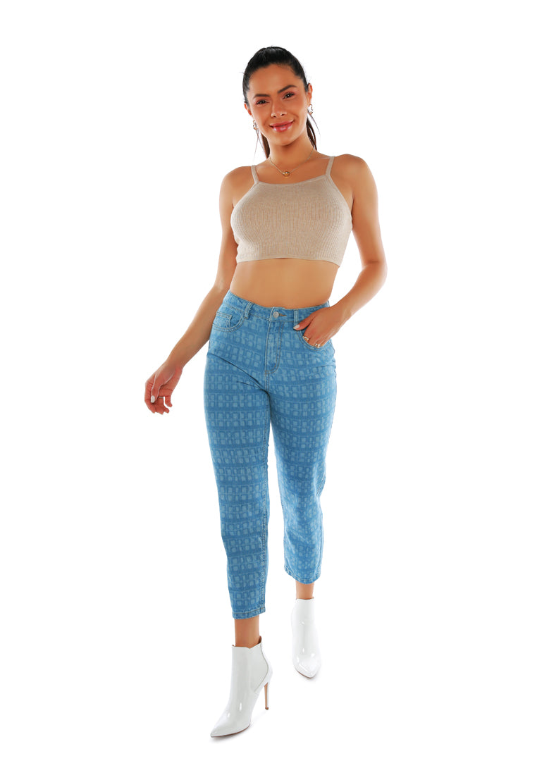 Blue Printed Mom Fit Blue Jeans Pants