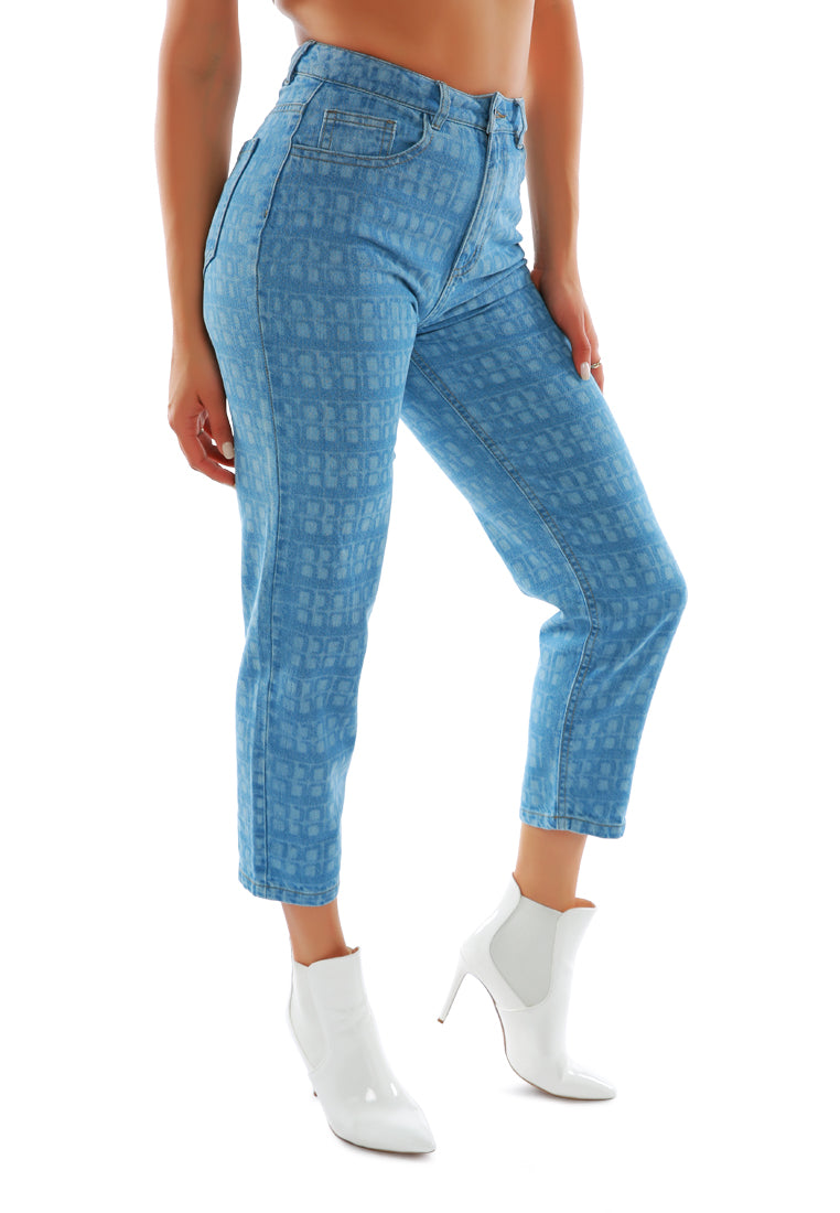 Blue Printed Mom Fit Blue Jeans Pants