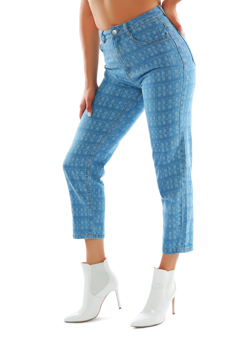 Blue Printed Mom Fit Blue Jeans Pants