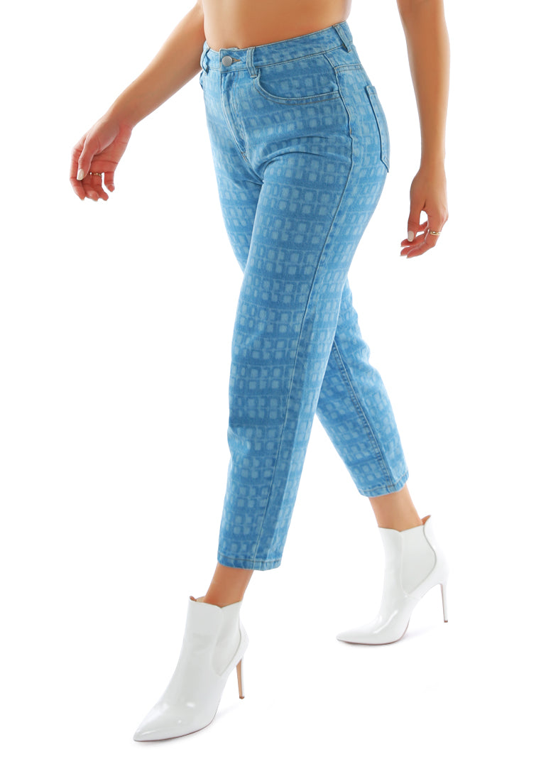 Blue Printed Mom Fit Blue Jeans Pants