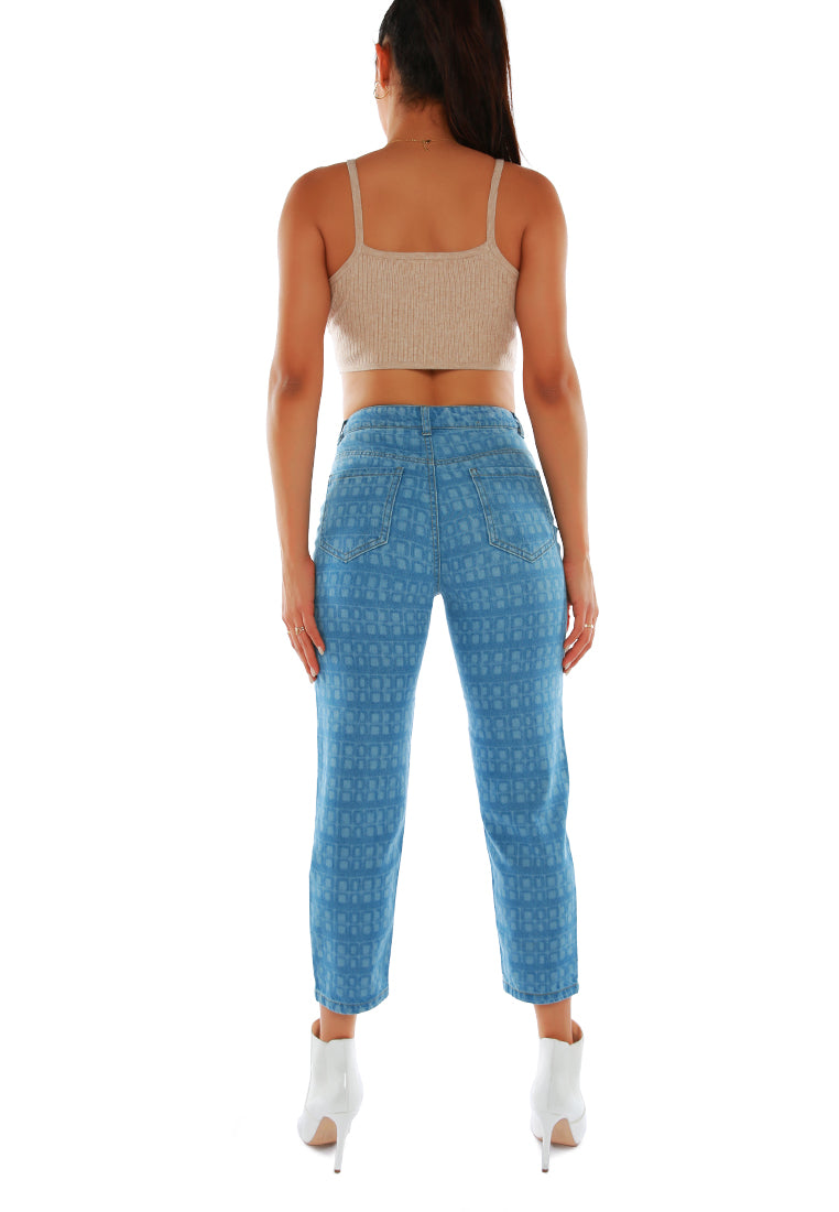 Blue Printed Mom Fit Blue Jeans Pants