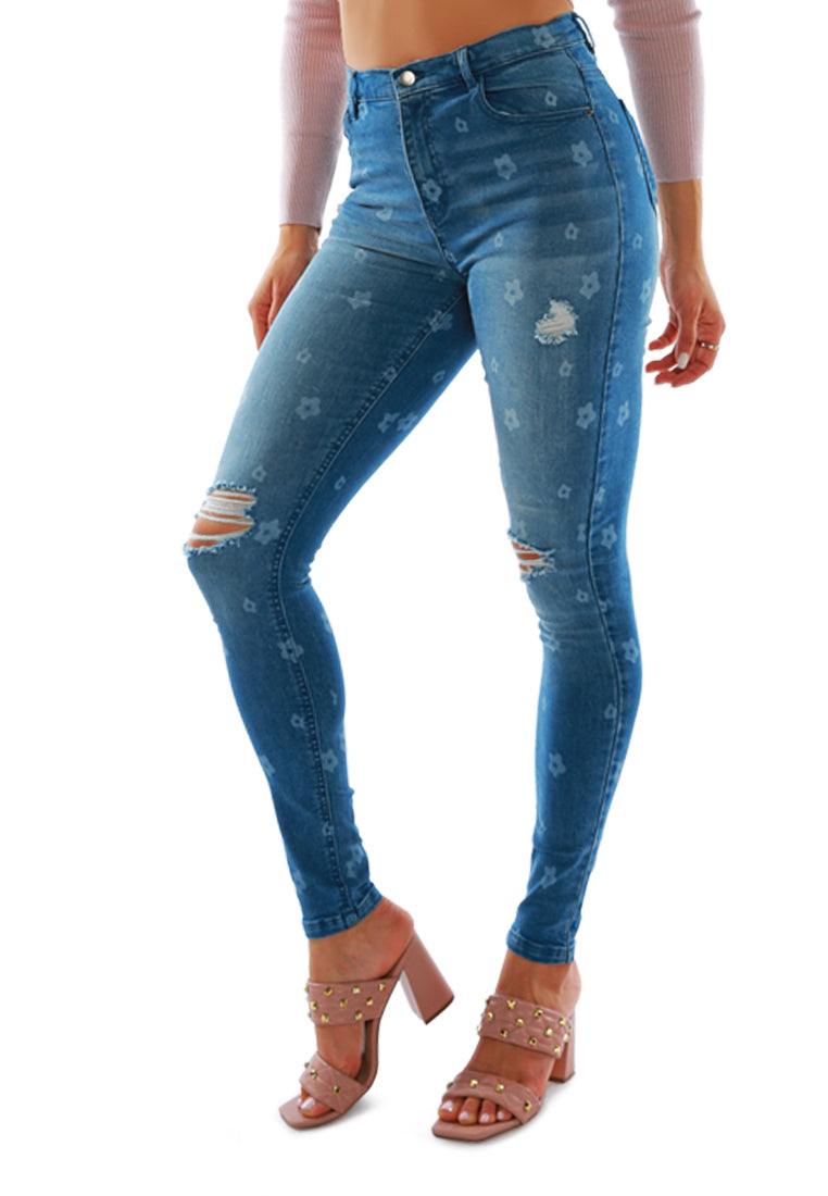 Printed Ripped Slim Fit Blue Denim Pants