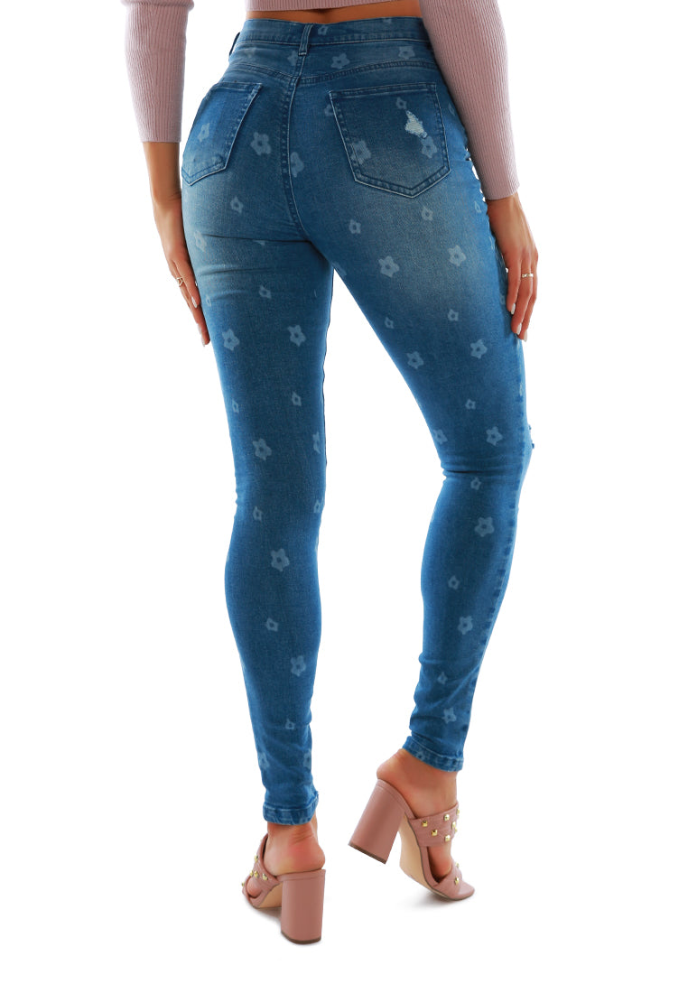 Printed Ripped Slim Fit Blue Denim Pants