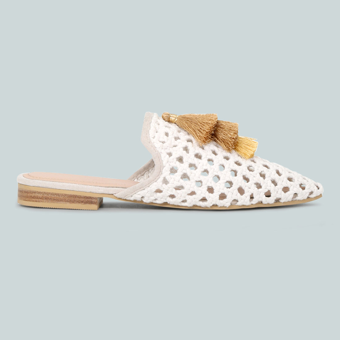 Woven Metallic Tassel Flat Mules