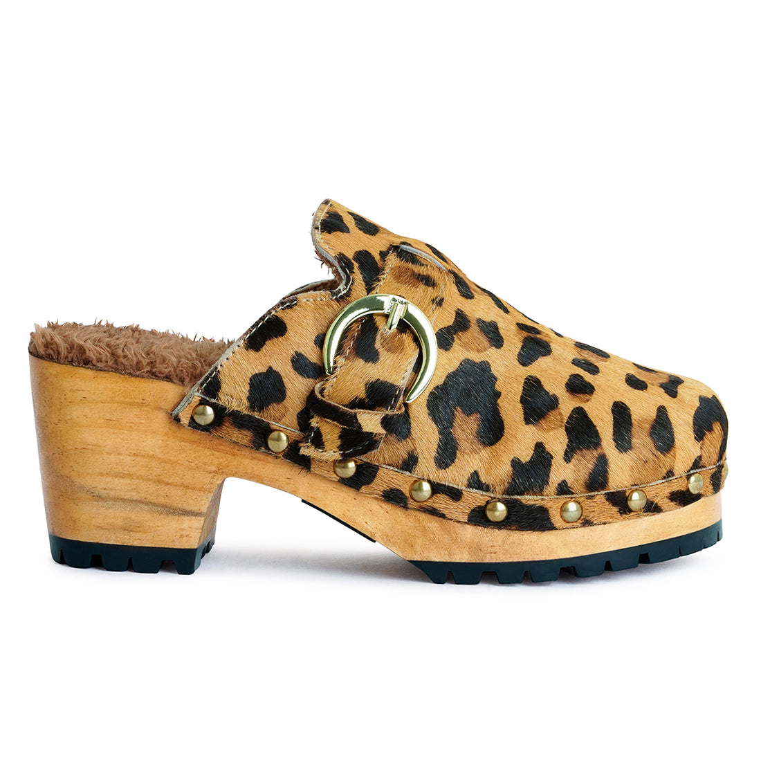 prunus leopard buckled suede round toe clogs#color_camel
