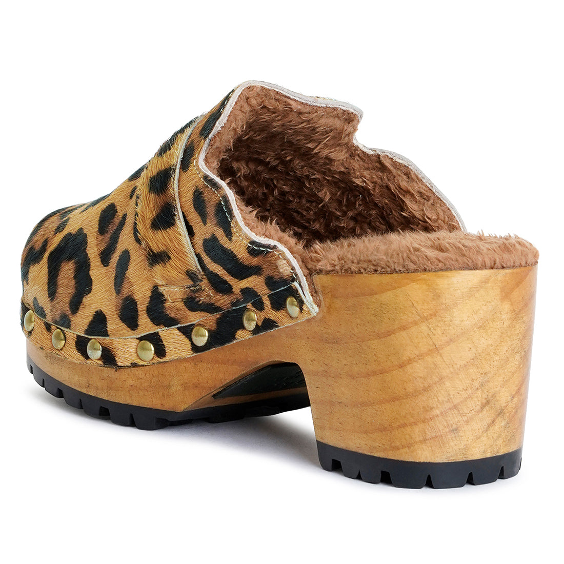 prunus leopard buckled suede round toe clogs#color_camel