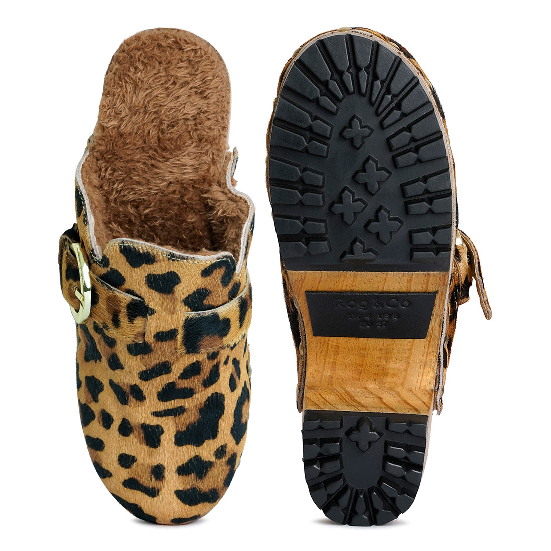 prunus leopard buckled suede round toe clogs#color_camel