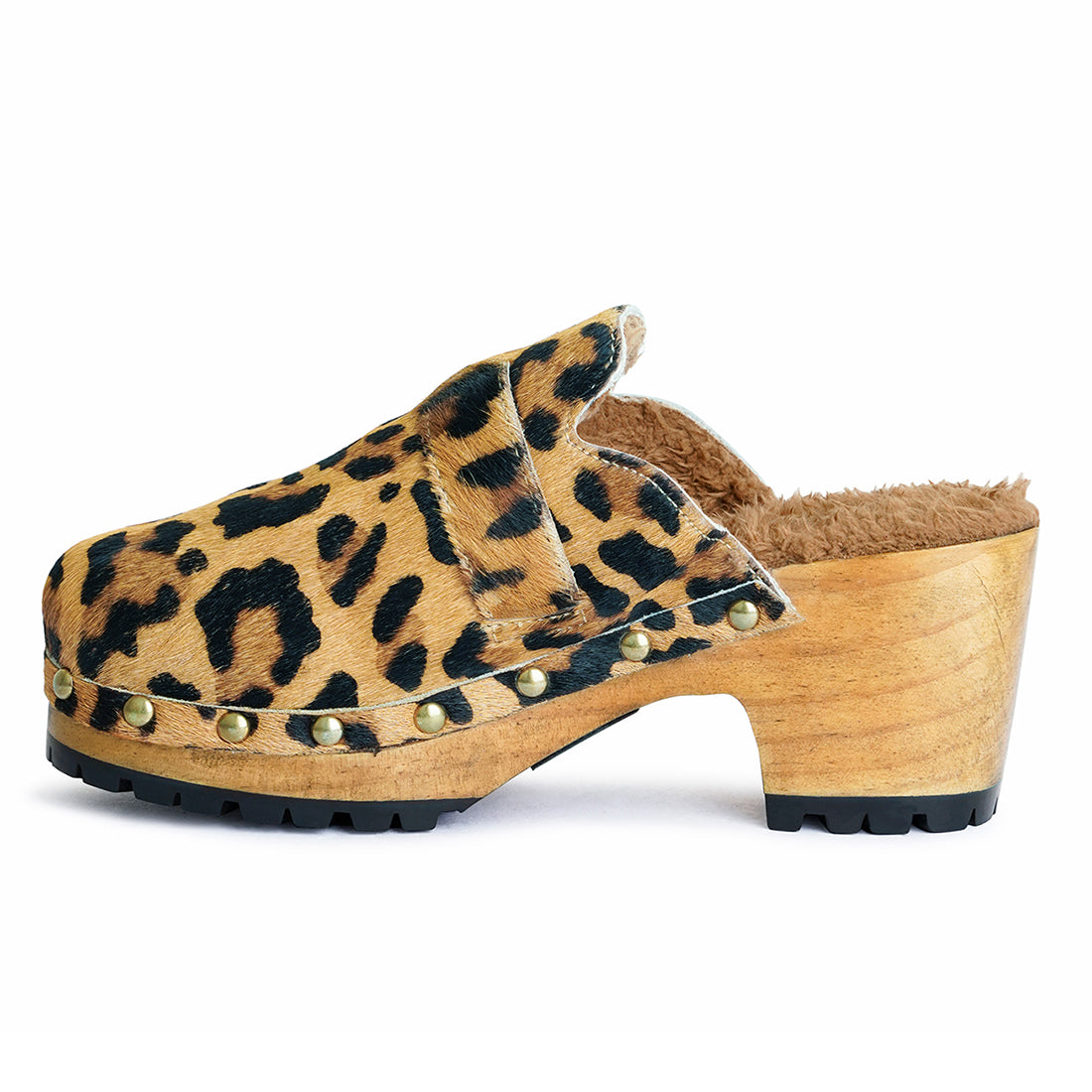 prunus leopard buckled suede round toe clogs#color_camel