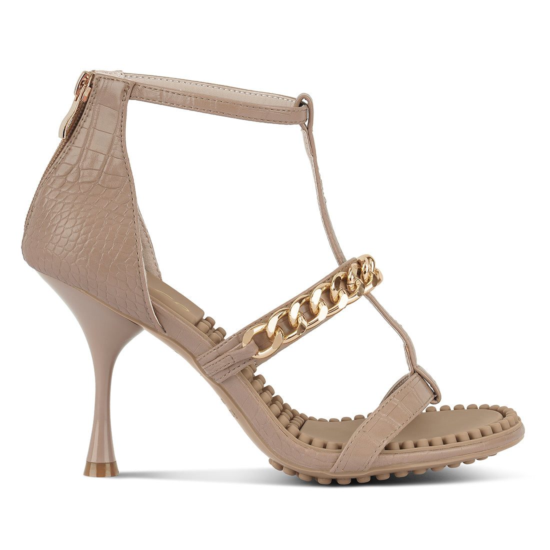 Beige Metal Chain Mid Heel Sandals