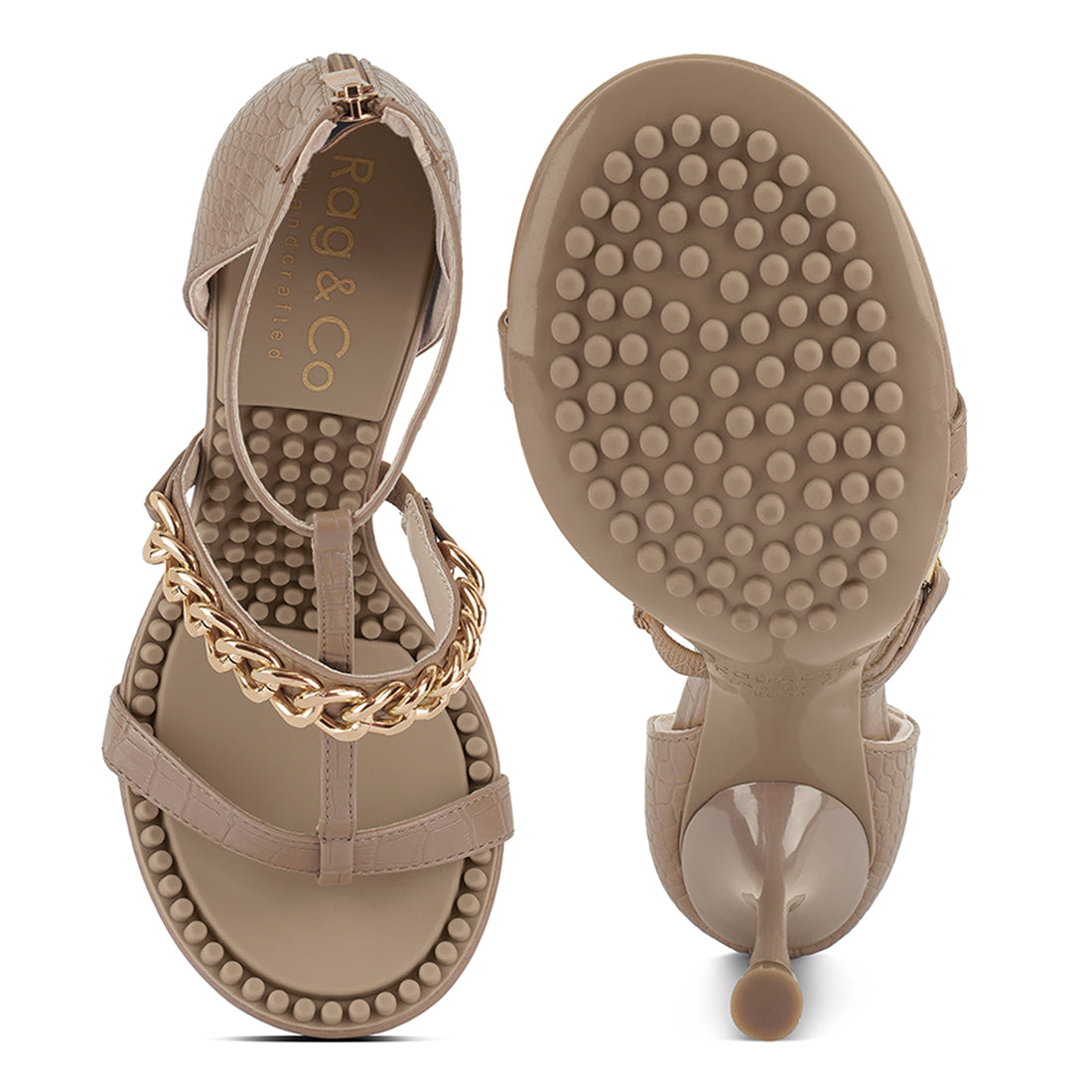 Beige Metal Chain Mid Heel Sandals