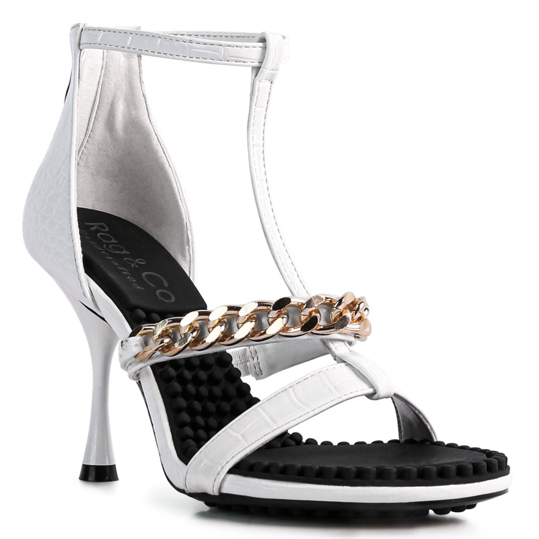 White Metal Chain Mid Heel Sandals