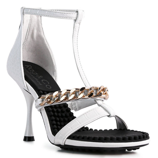 White Metal Chain Mid Heel Sandals