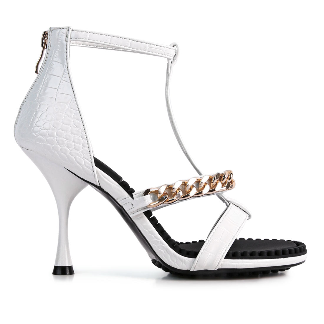 White Metal Chain Mid Heel Sandals