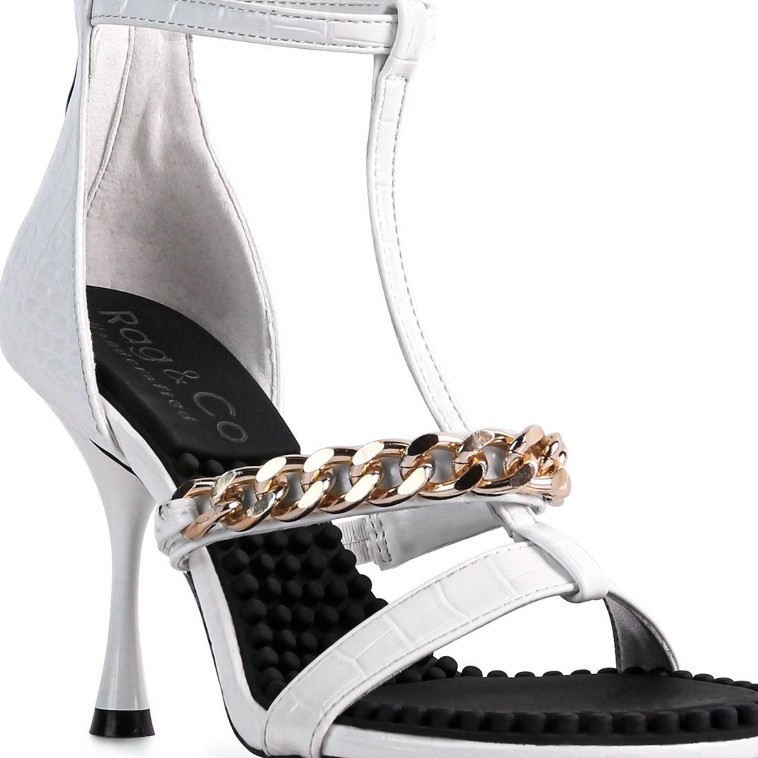 White Metal Chain Mid Heel Sandals