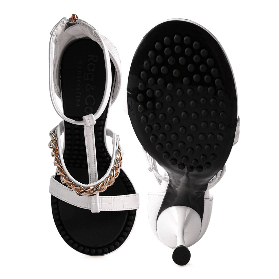 White Metal Chain Mid Heel Sandals