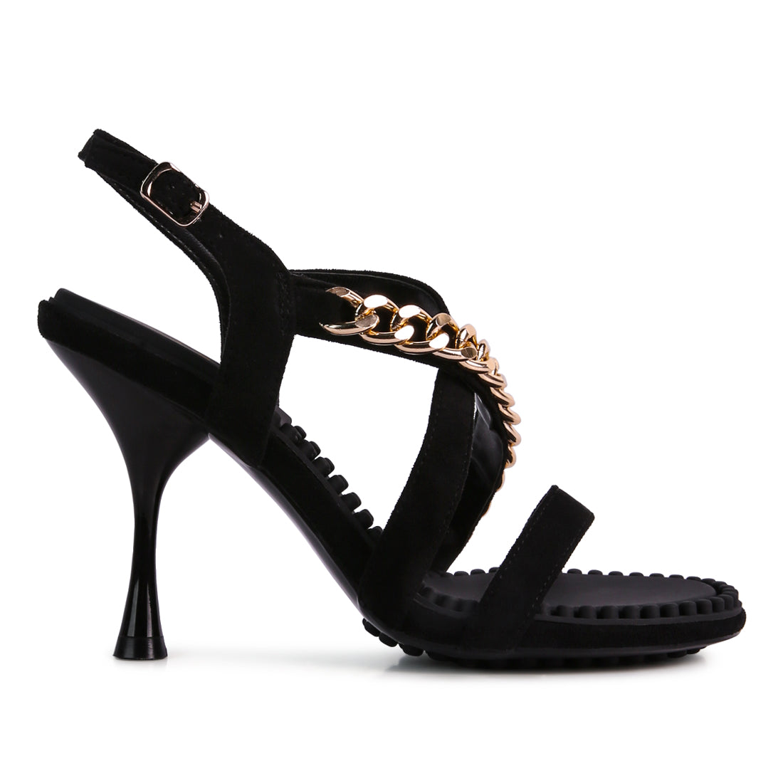 Black Metal Chain Mid Heel Sandal