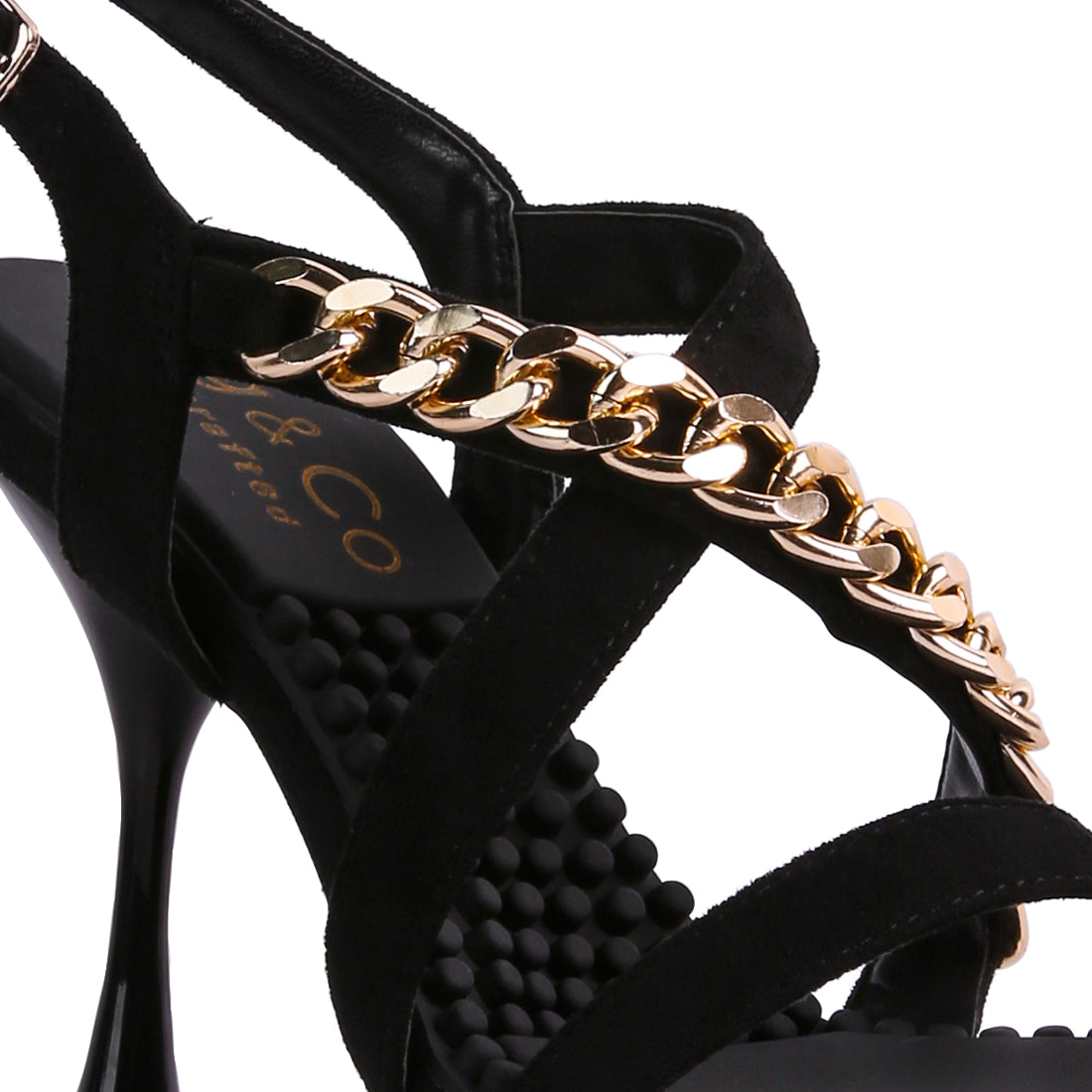Black Metal Chain Mid Heel Sandal
