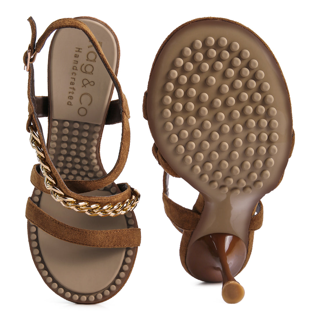 Tan Metal Chain Mid Heel Sandal