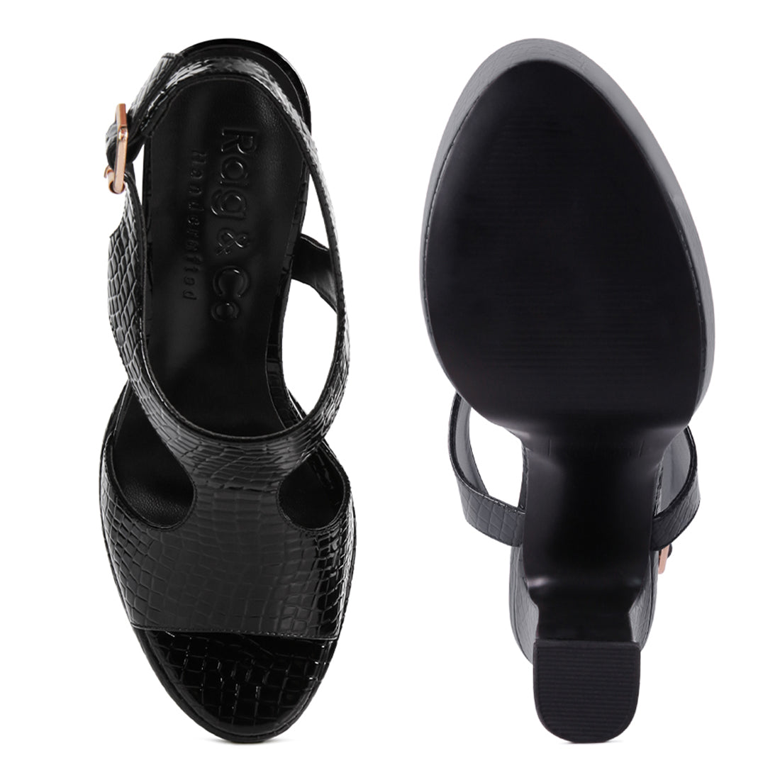 Croc High Heeled Cut Out Sandals In Black