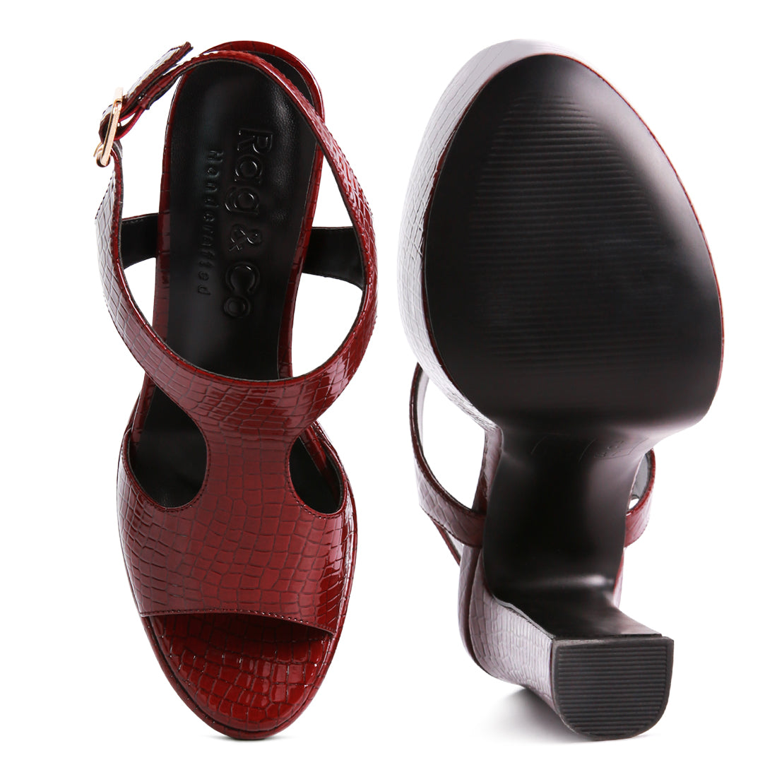Croc High Heeled Cut Out Sandals In Burgundy