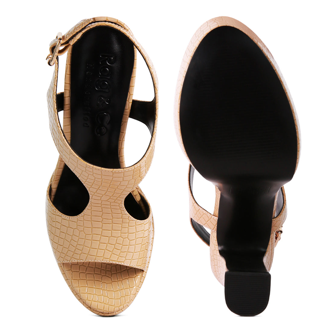 Croc High Heeled Cut Out Sandals In Beige