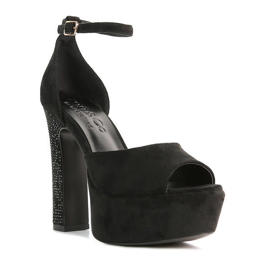 Black Studded Suede High Block Heeled Sandals