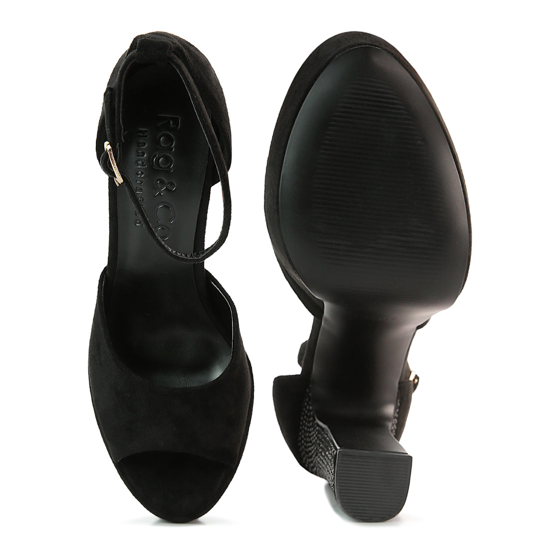 Black Studded Suede High Block Heeled Sandals