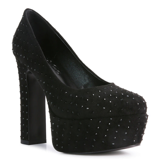 Black Diamante Platform Heel Block Pumps