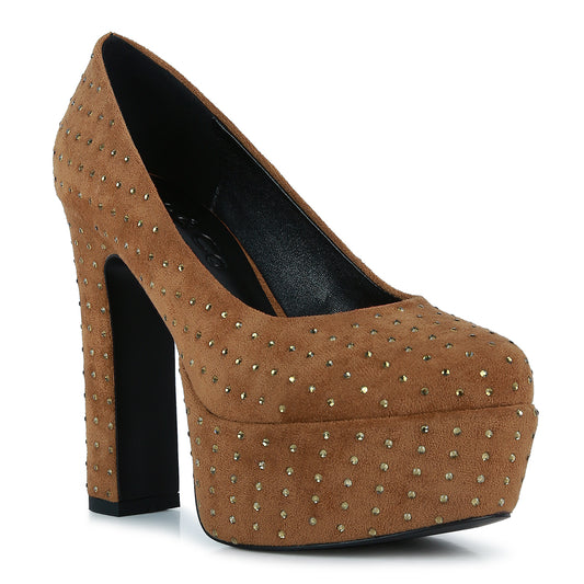 Tan Diamante Platform Heel Block Pumps