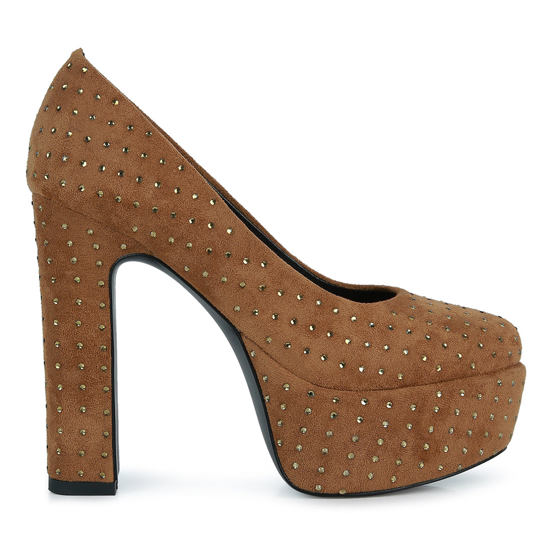 Tan Diamante Platform Heel Block Pumps