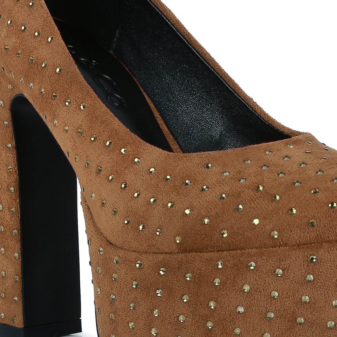 Tan Diamante Platform Heel Block Pumps