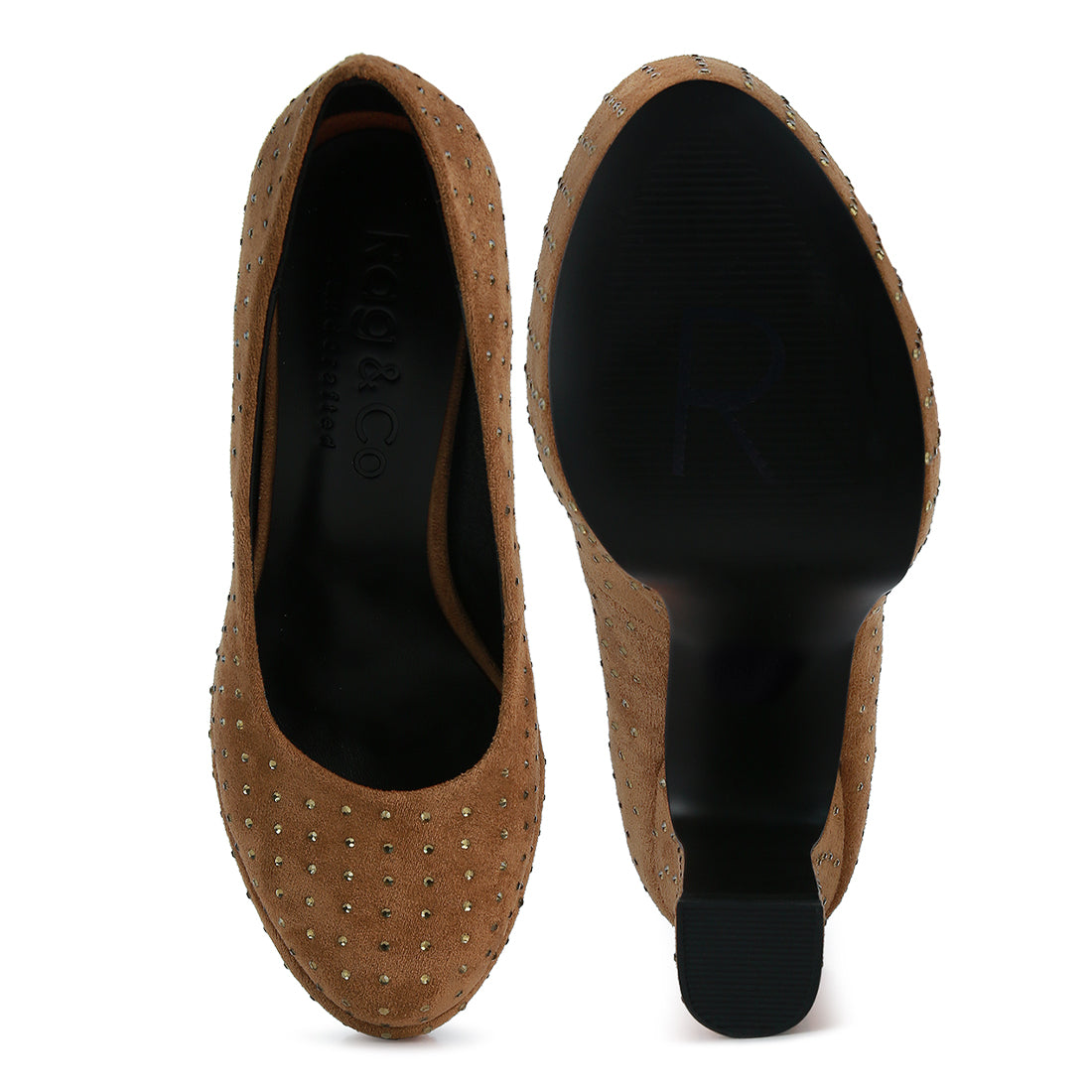 Tan Diamante Platform Heel Block Pumps