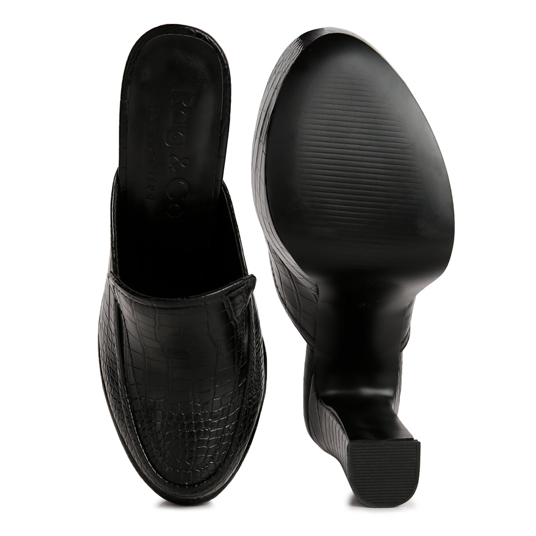 croc pattern heeled platform mules#color_black